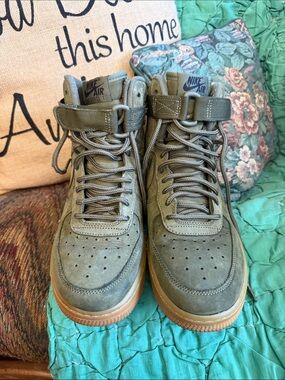 Nike Air Force 1 Olive Green Mid-Top Sneakers with Gum Sole